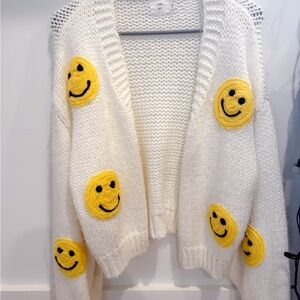 T.J.Maxx Ivory Open-Front Cardigan with Yellow Smiley Patches